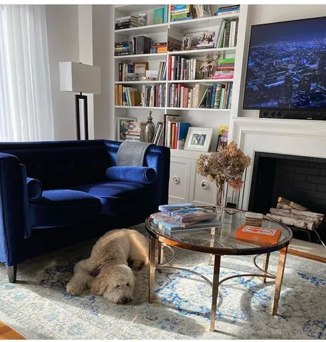 a living room with furniture and a book shelf