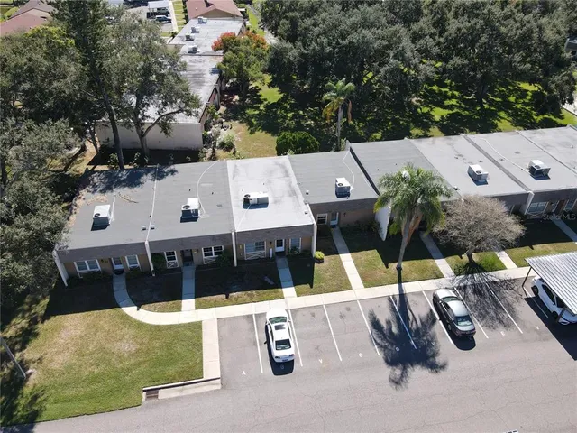 an aerial view of a house with swimming pool and large trees