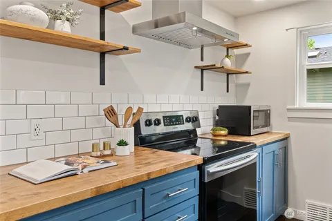 a kitchen with stainless steel appliances a stove a sink and a microwave