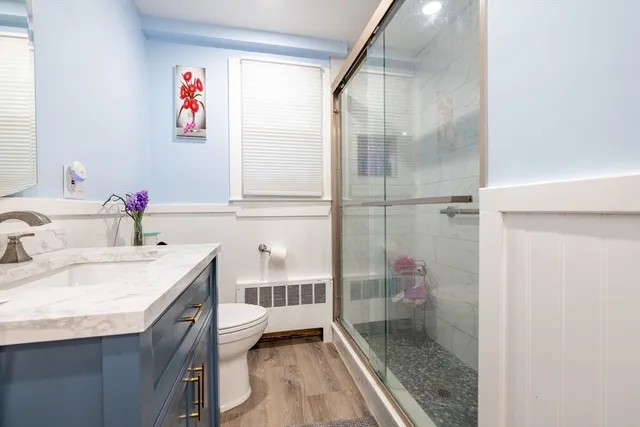 a bathroom with a sink a toilet and a shower