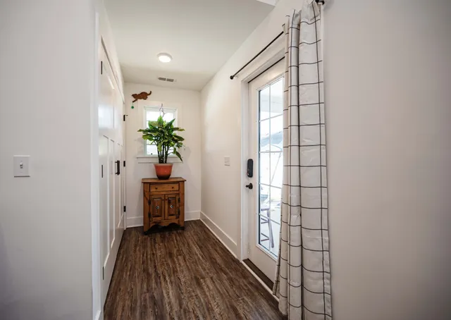 a view of a hallway with wooden floor and a potted plant