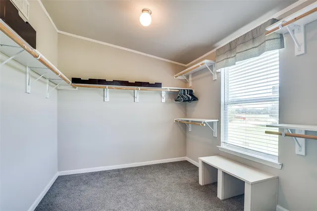 a view of walk in closet with window and gate