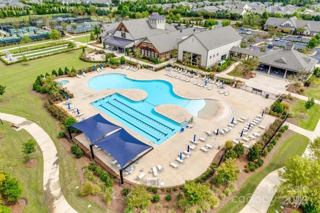 aerial view of a brick building with many windows