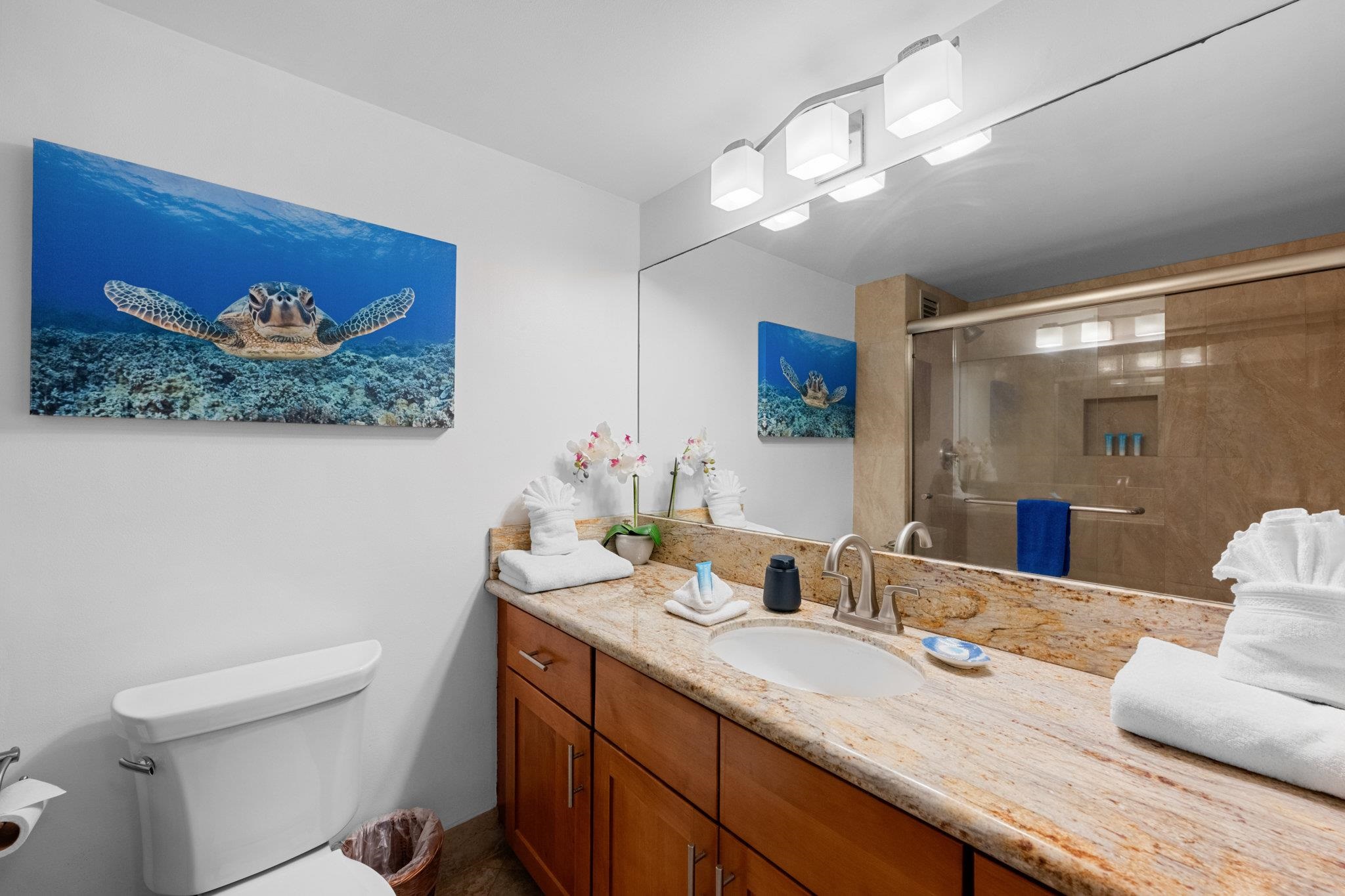 4471 Lower Honoapiilani Road, Unit 415 Lahaina, HI 96761 - Photo 30 of 44 a bathroom with a granite countertop sink a toilet and a mirror