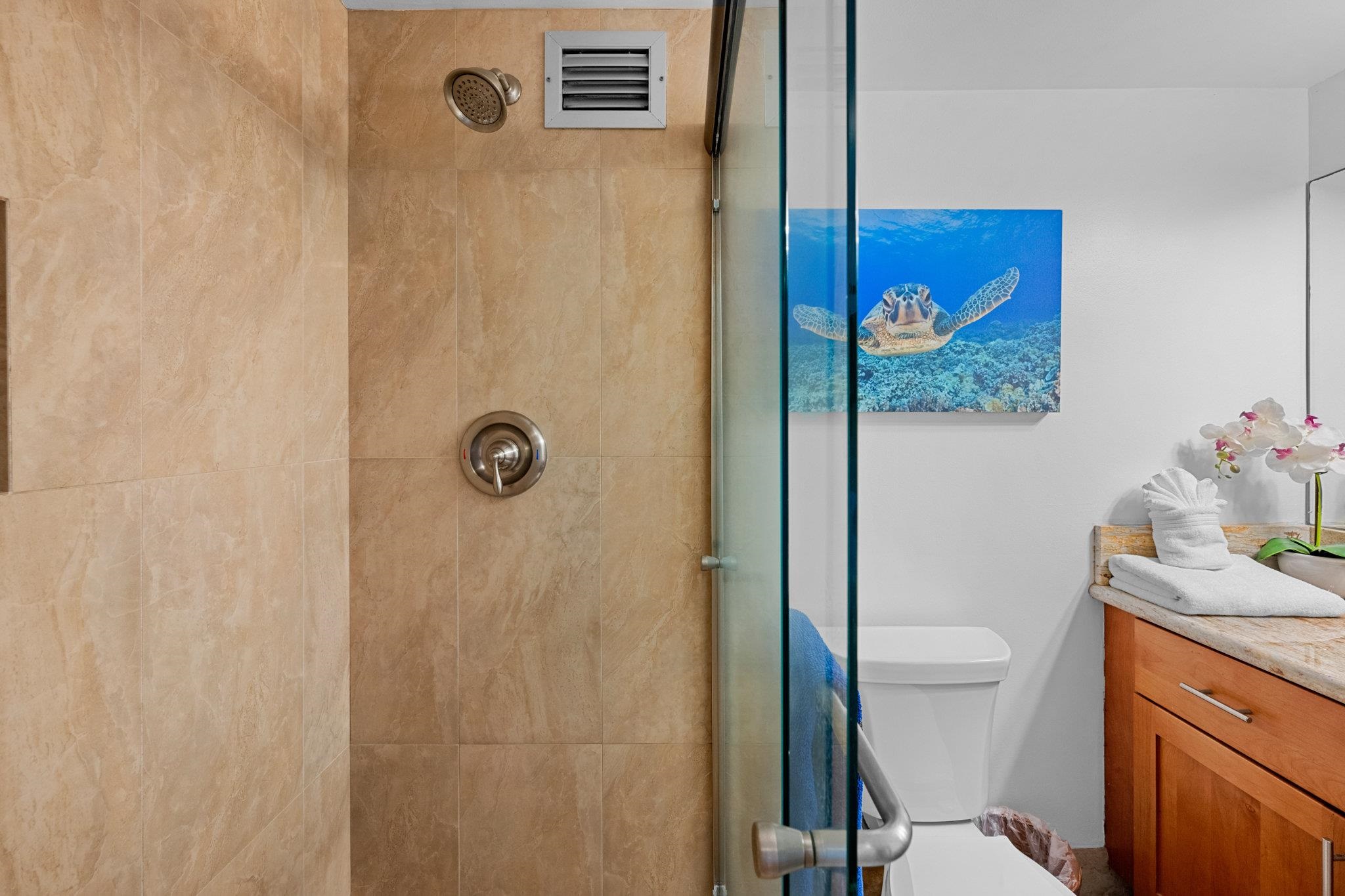 4471 Lower Honoapiilani Road, Unit 415 Lahaina, HI 96761 - Photo 34 of 44 a bathroom with a granite countertop shower sink vanity and toilet