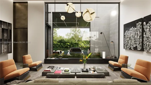 a living room with furniture and a floor to ceiling window