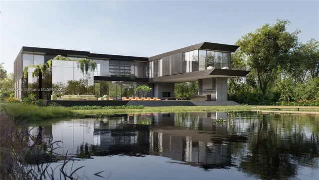 a front view of a house with a lake view