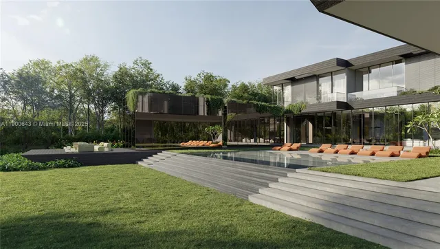 a swimming pool with outdoor seating and yard