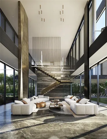 a living room with patio furniture and a large window