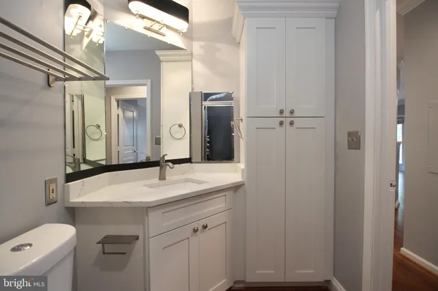 a bathroom with a sink toilet and mirror