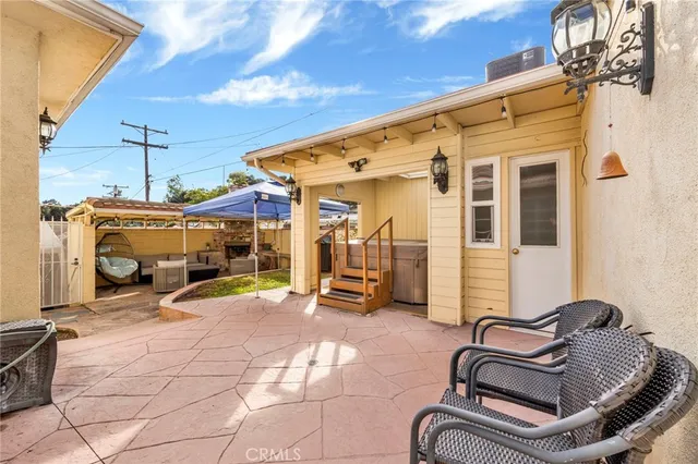 a building outdoor space with patio furniture