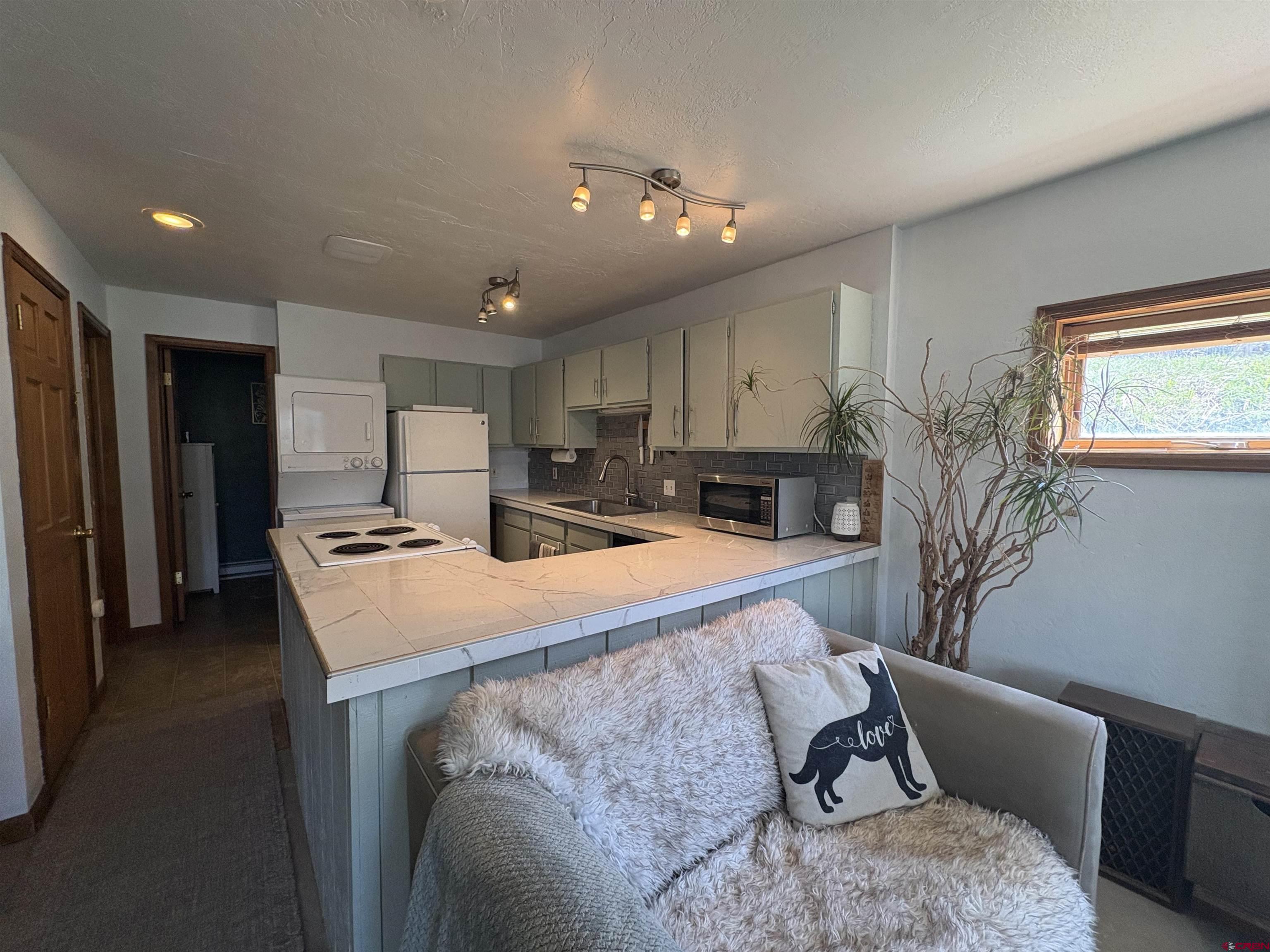 26 Castle Road, Unit 3 Crested Butte, CO 81225 - Photo 7 of 32 a room with stainless steel appliances kitchen island granite countertop a refrigerator a stove a sink dishwasher and a dining table with wooden cabinet