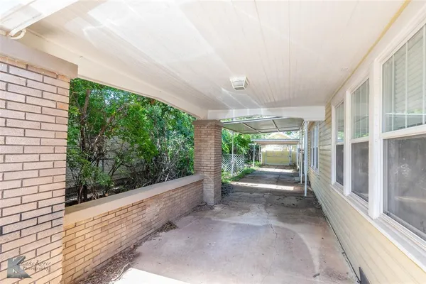 a view of a yard with plants and a large tree