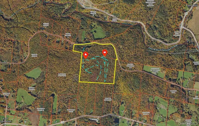 a view of a barn house with a big yard plants and large trees