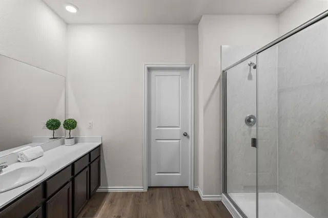 a bathroom with a shower sink and mirror
