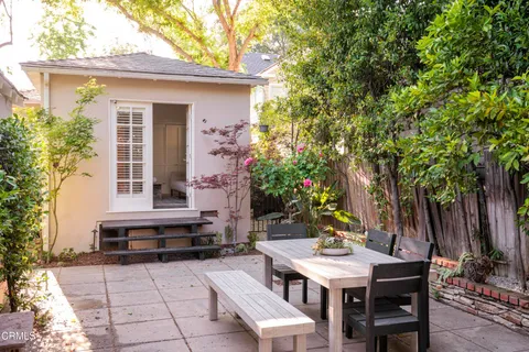 a backyard of a house with outdoor seating