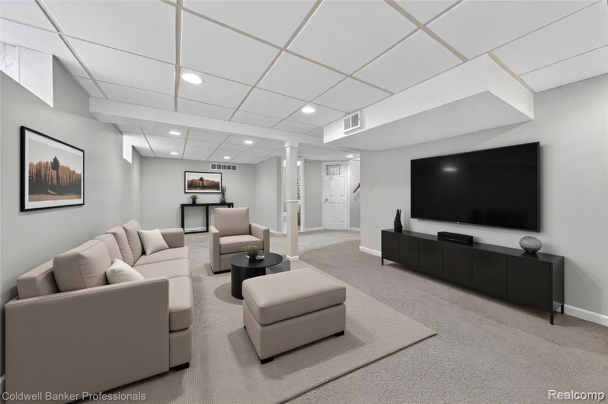 2666 Windemere Road Birmingham, MI 48009 - Photo 15 of 24 Finished basement featuring light gray carpeting, recessed lighting, drop ceiling, and painted white walls