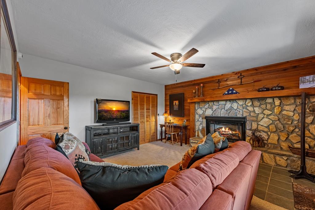212 Dogpatch Lane Blue Ridge, GA 30513 - Photo 31 of 70 a living room with furniture a fireplace and a flat screen tv