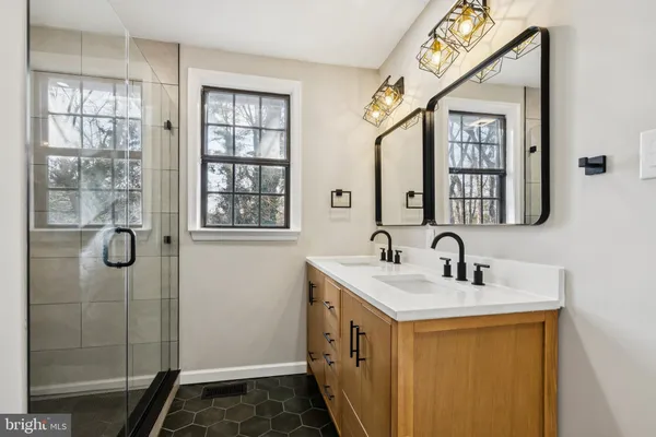 a bathroom with a double vanity sink a mirror and a shower