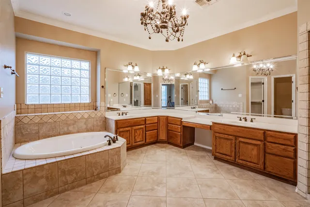 a bathroom with a tub a sink double vanity and a mirror