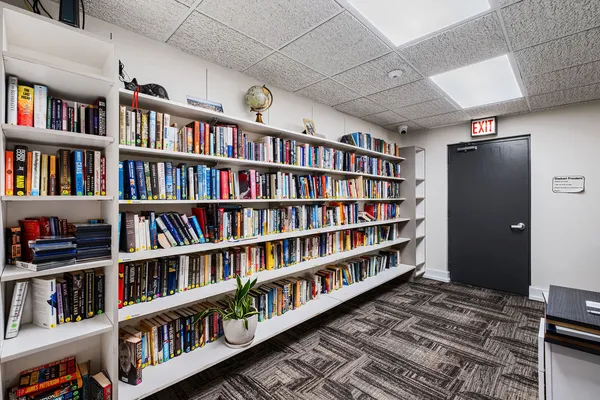 a view of a book shelf with lots of books