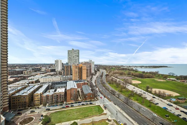 a view of a city with tall buildings