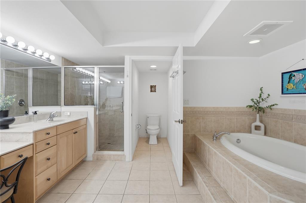 16326 Gulf Boulevard, Unit 307 Redington Beach, FL 33708 - Photo 17 of 43 a spacious bathroom with a granite countertop sink a toilet a mirror and shower