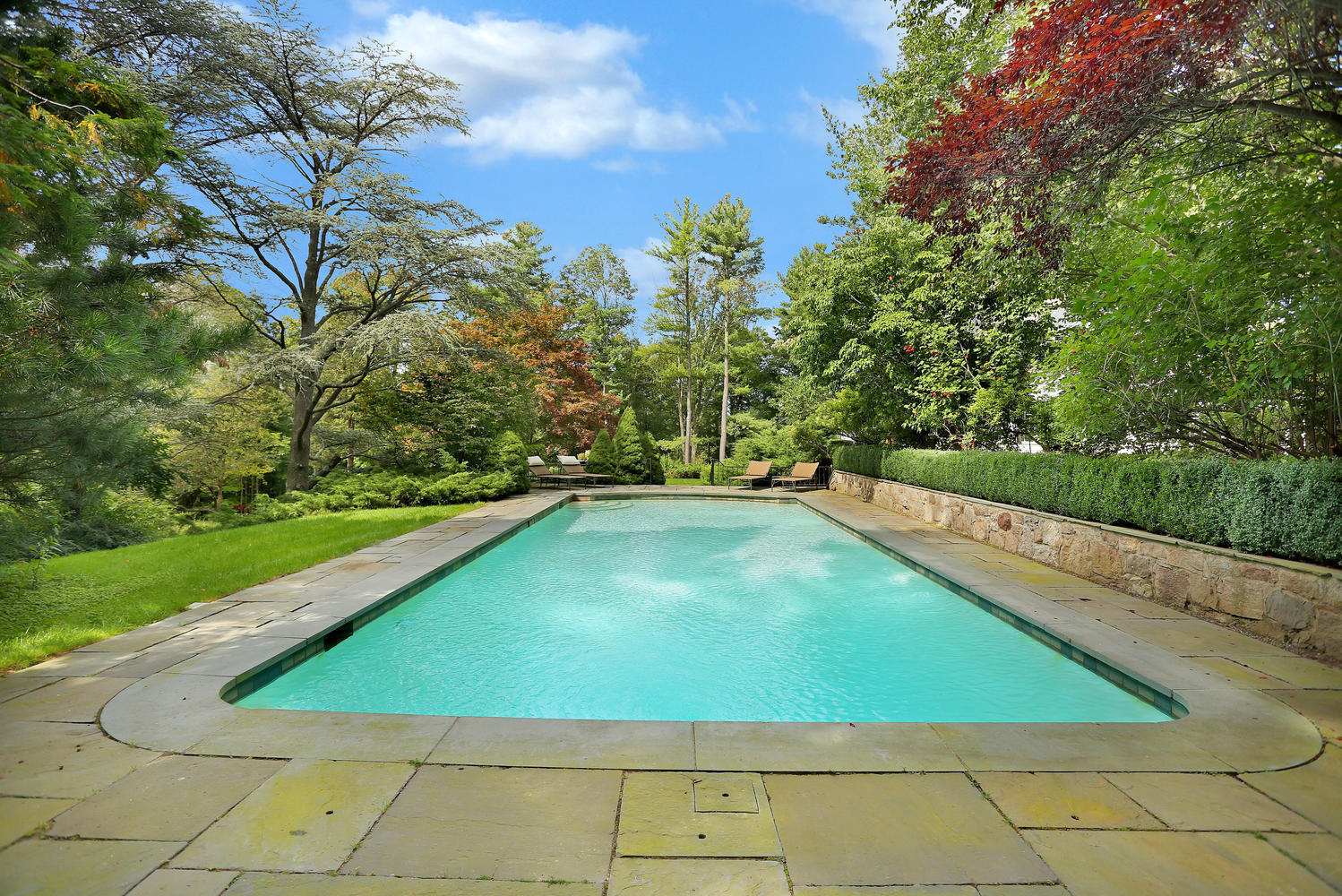 1102 Oenoke Ridge New Canaan, CT 06840 - Photo 40 of 49 a view of yard with swimming pool and trees in the background