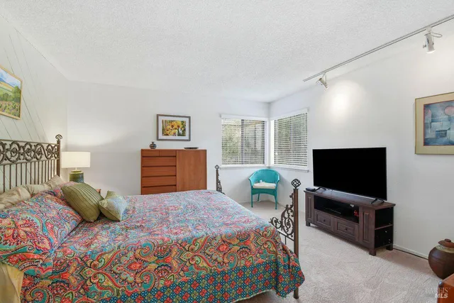 a bedroom with a bed and a flat screen tv