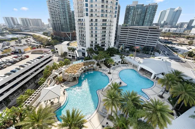 a view of a city with tall buildings