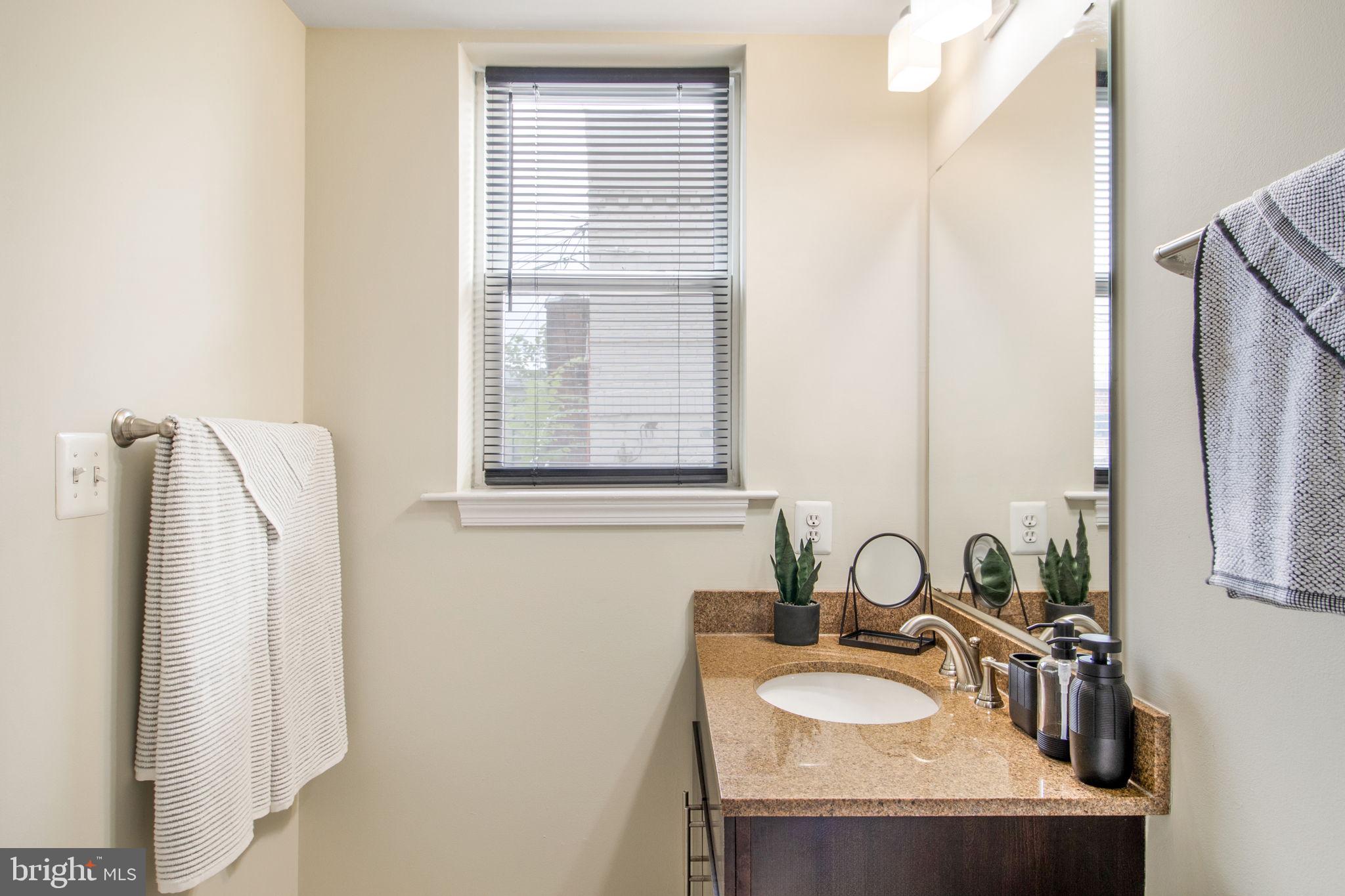 417 18th Street Northeast, Unit 101 Washington, DC 20002 - Photo 17 of 57 a bathroom with a granite countertop sink and a mirror