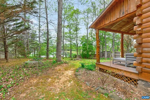 a view of a backyard with large trees