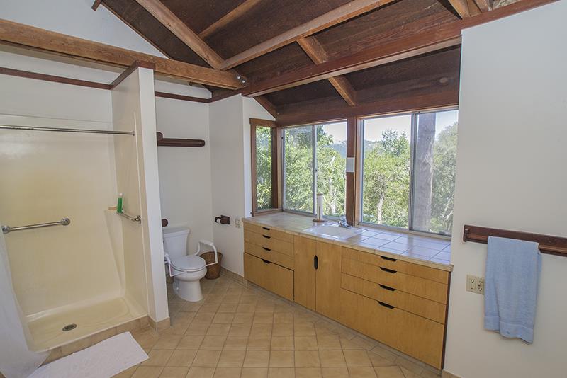 227 Rapley Ranch Road La Honda, CA 94020 - Photo 18 of 35 a bathroom with a granite countertop sink a toilet and shower