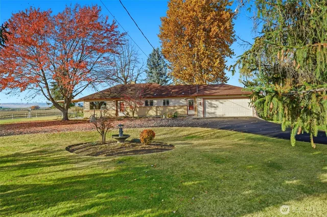 a view of a house with garden and sitting area