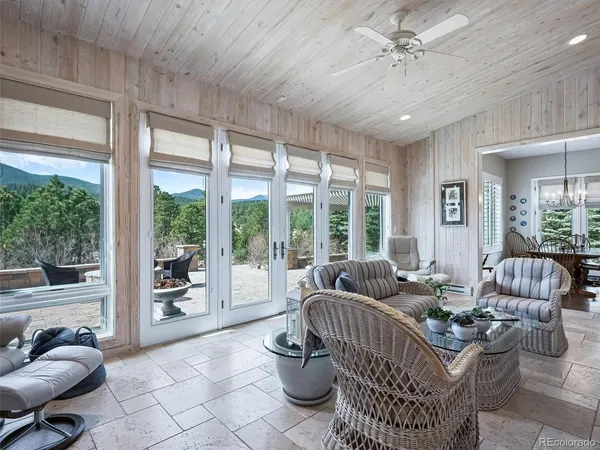 a living room with furniture and a floor to ceiling window