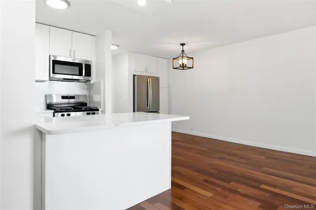 a view of kitchen view wooden floor stainless steel appliances and cabinets