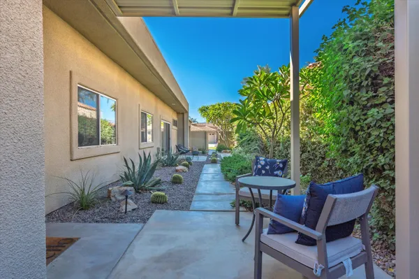 a view of a patio with plants and chairs