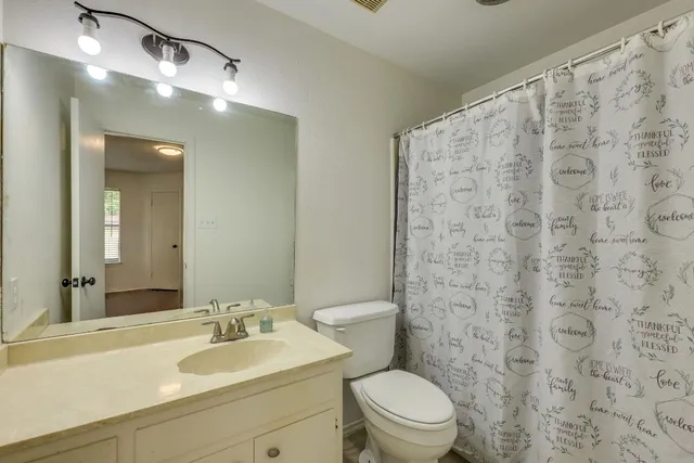 a bathroom with a sink a toilet and shower curtain