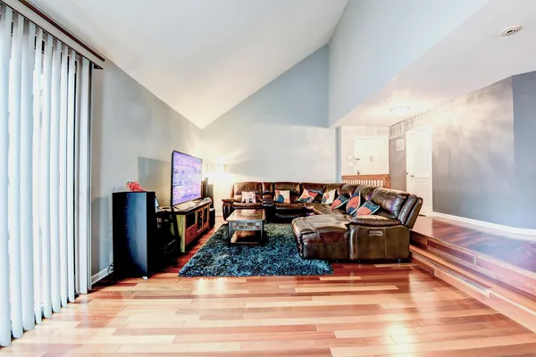 a view of a living room and a garage