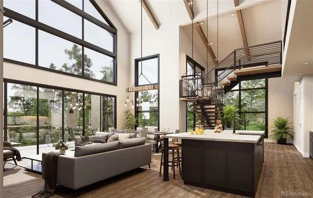 a living room with large windows