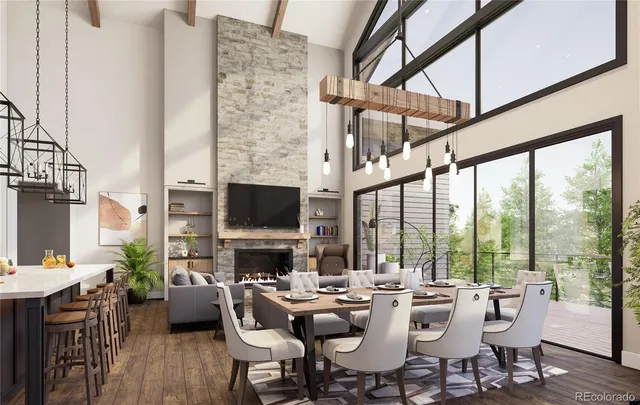 a view of a dining room with furniture window and outside view