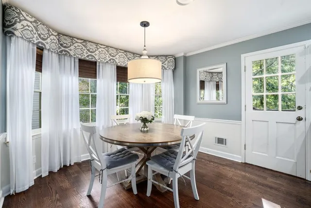 a view of a dining room with furniture window and wooden floor