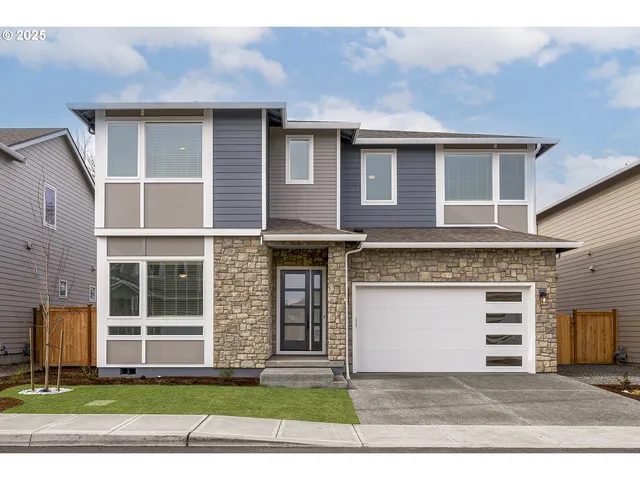 a front view of a house with a yard and garage