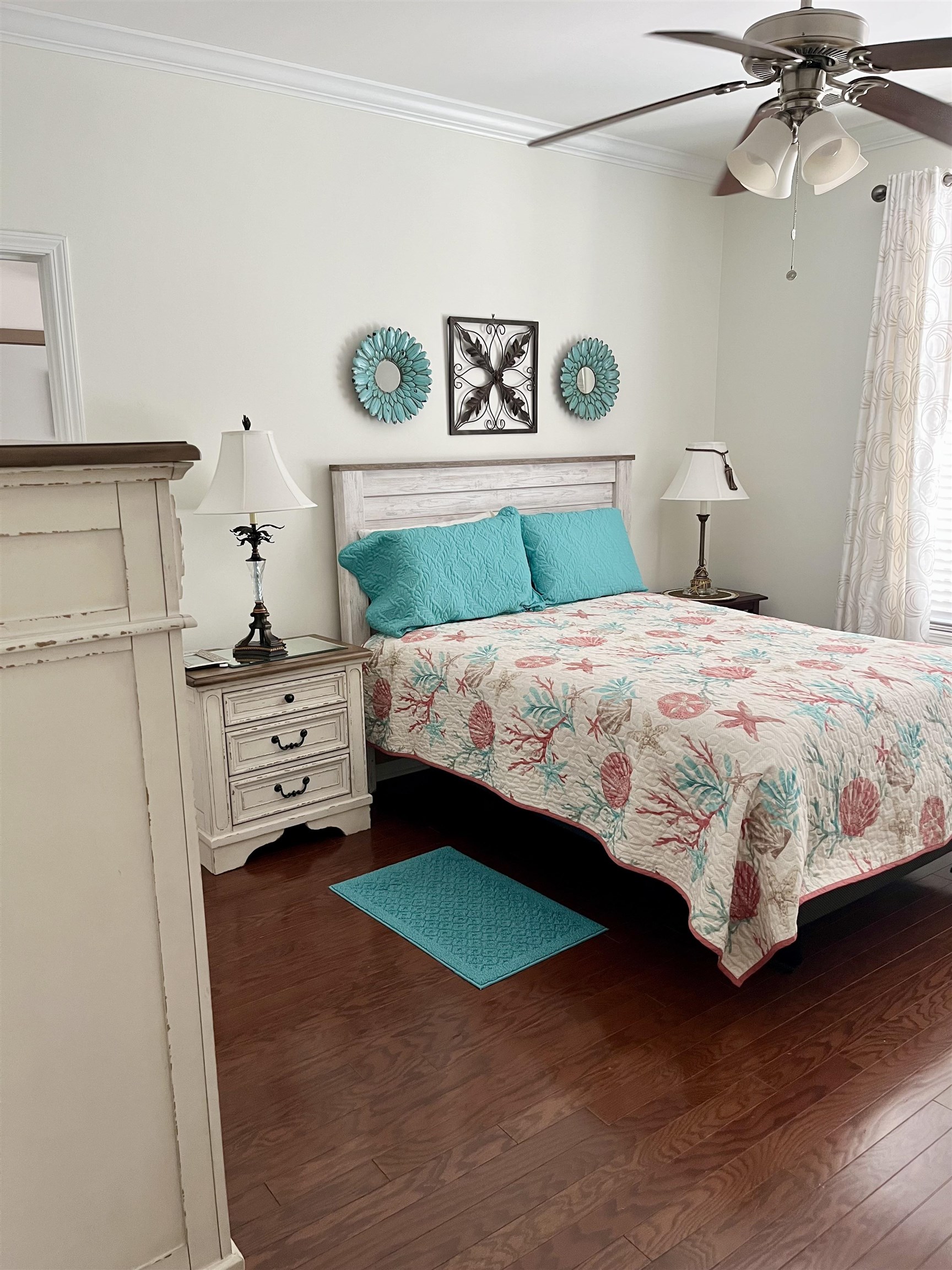 151 Coral Beach Circle Myrtle Beach, SC 29575 - Photo 16 of 40 Bedroom with dark wood-style flooring, ornamental molding, and ceiling fan