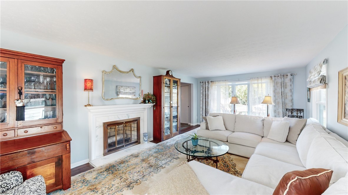 Living room with abundant natural light cascading through baywindow and add'l windows, cozy fireplace and attractive LVT flooring.