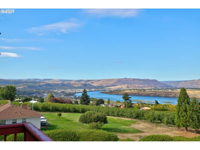 an aerial view of residential houses with outdoor space and mountain view