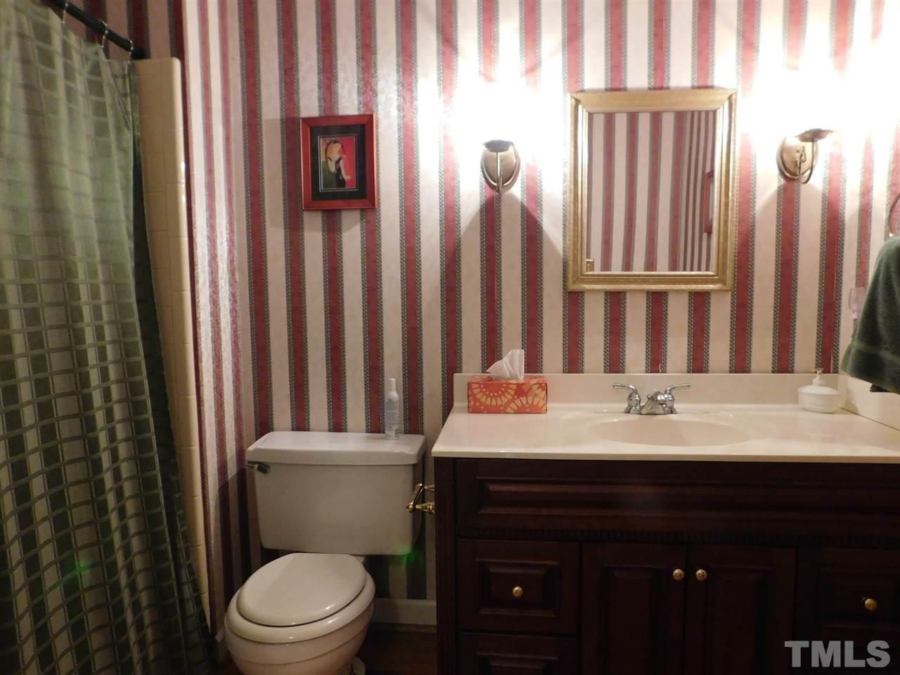 3224 Brennan Drive Raleigh, NC 27613 - Photo 17 of 22 a bathroom with a sink a toilet a mirror and shower curtain