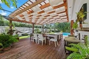 a outdoor space with lots of furniture and garden