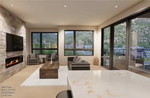 a living room with furniture a flat screen tv and a fireplace