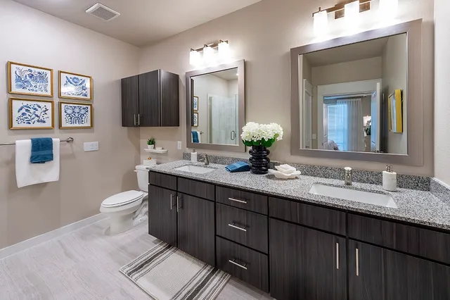 a bathroom with a double vanity sink and a mirror